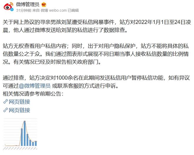 微博：暂停1000余名曾向刘学州发私信用户的私信功能